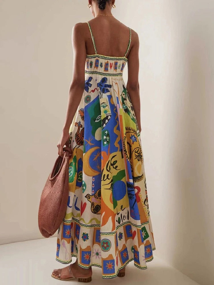 Colorful Print Spaghetti Straps Long Dress