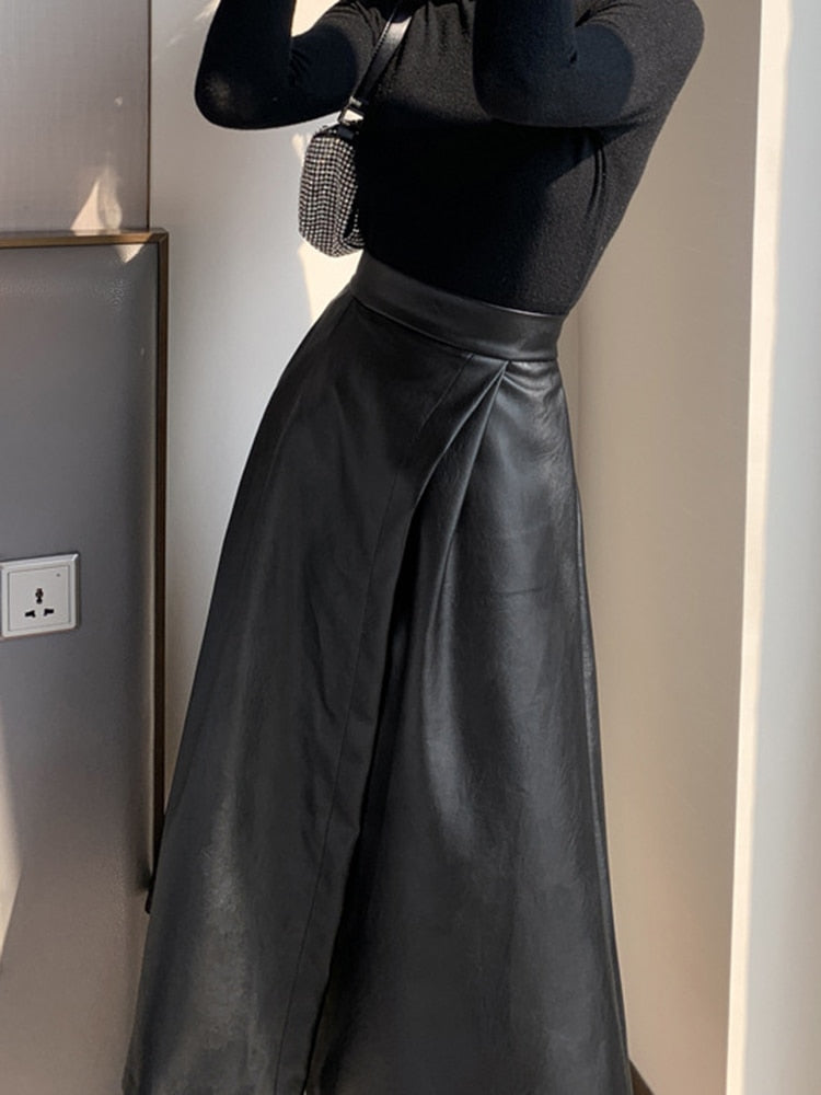 Black High Waist Leather Split Skirt