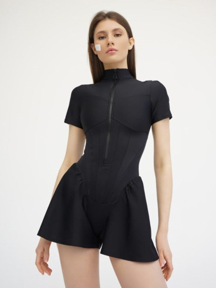 Woman O Neck Short Sleeve Zipper Bodysuit