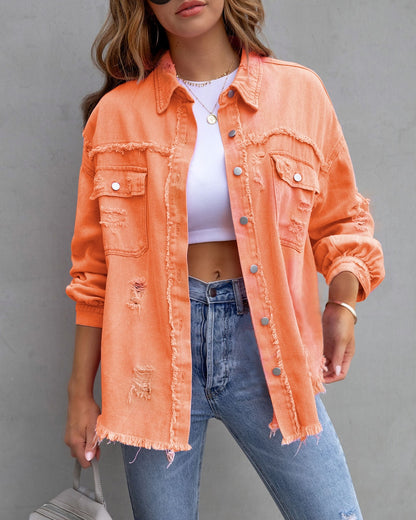 Pocket Hole Tassel Turndown Collar Denim Jacket