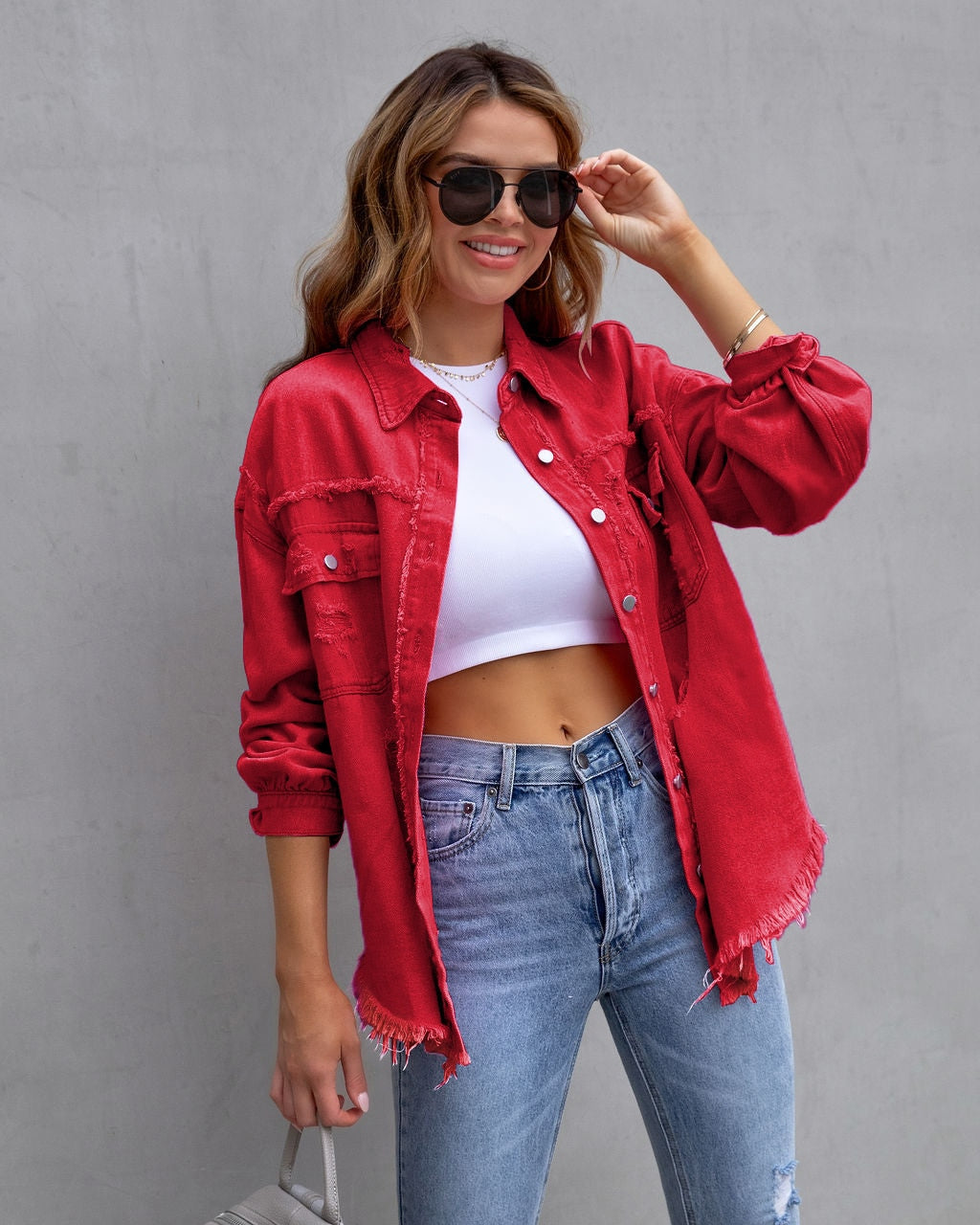 Pocket Hole Tassel Turndown Collar Denim Jacket