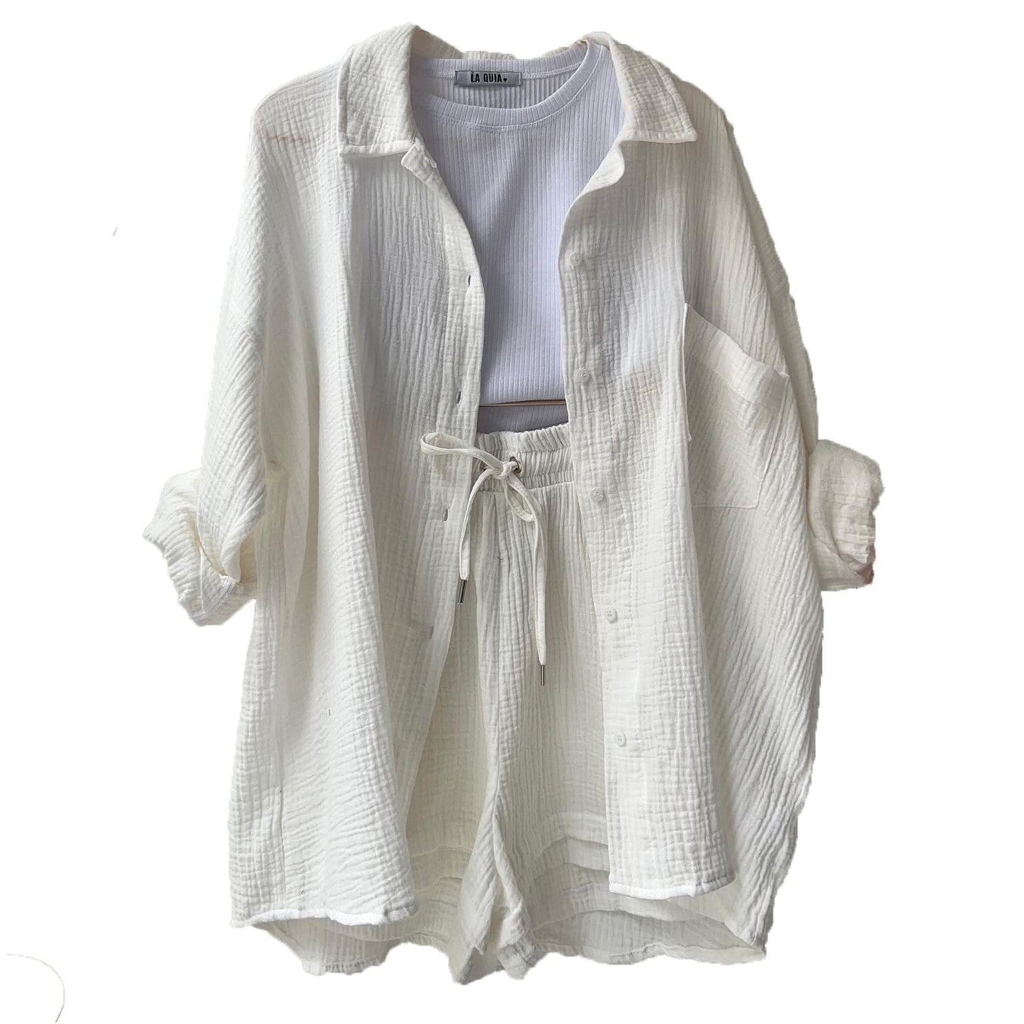 2 Piece Casual Cotton Turn-Down Collar Tops Suits with Shorts Gauze Cardigan