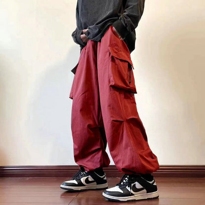 Casual Men Elastic Waist Solid Color Cargo Pants