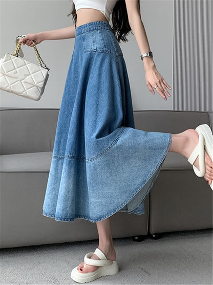 Long High Waist Gradient Denim Skirt