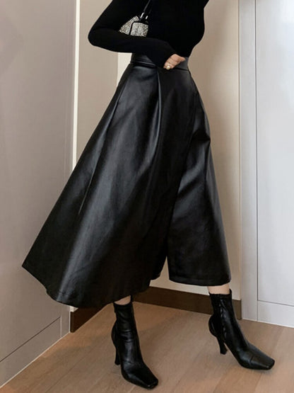 Black High Waist Leather Split Skirt