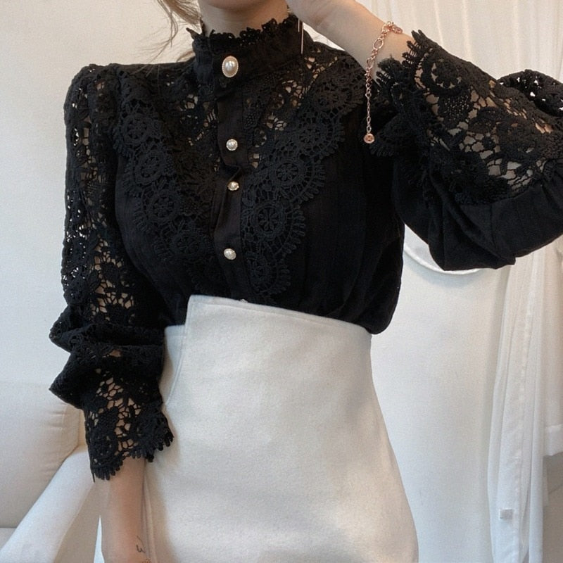 Lace Blouse Button Hollow Out Top