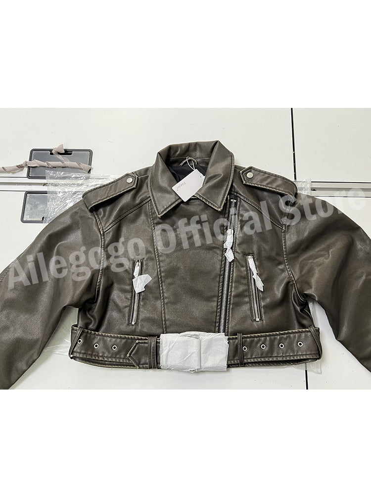 Women Vintage Loose Pu Faux Leather Short Jacket with Belt