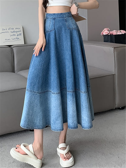 Long High Waist Gradient Denim Skirt