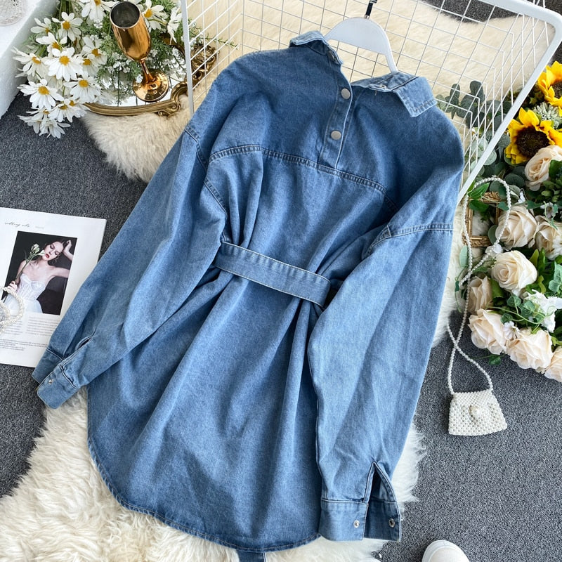 Retro Denim Dress with Pocket Belt