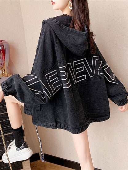 Female Loose Mid Length Hooded Denim Jacket