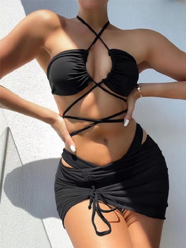 Women 3 Pieces Lace Up Set Swimsuit