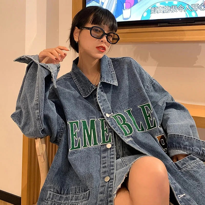 Oversized Embroidery Letter Print Denim Jacket