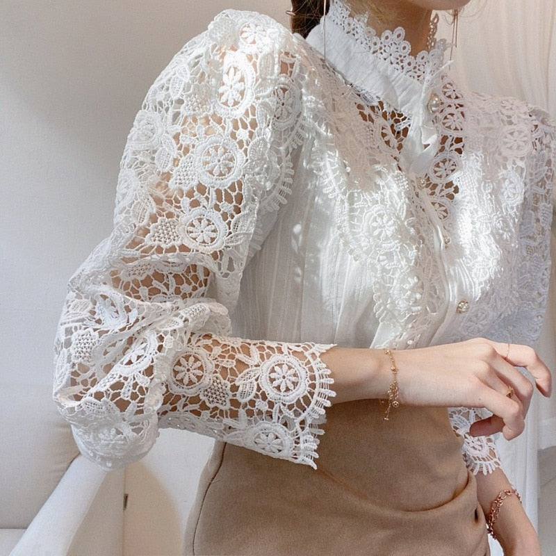 Lace Blouse Button Hollow Out Top