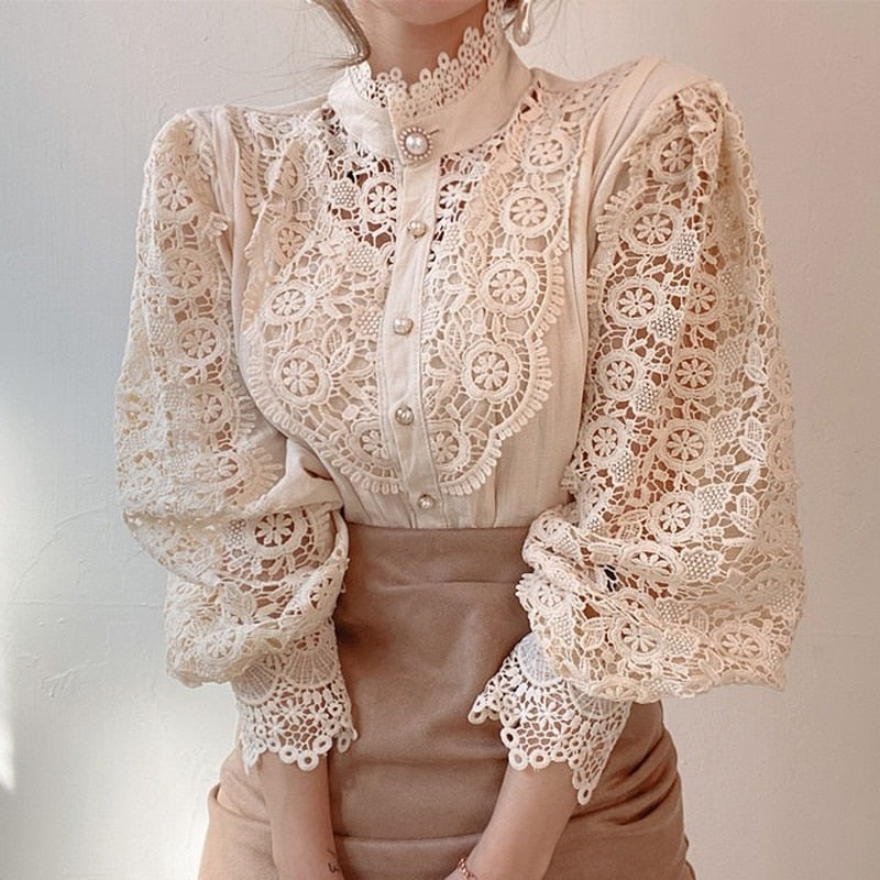 Lace Blouse Button Hollow Out Top