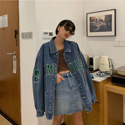 Oversized Embroidery Letter Print Denim Jacket