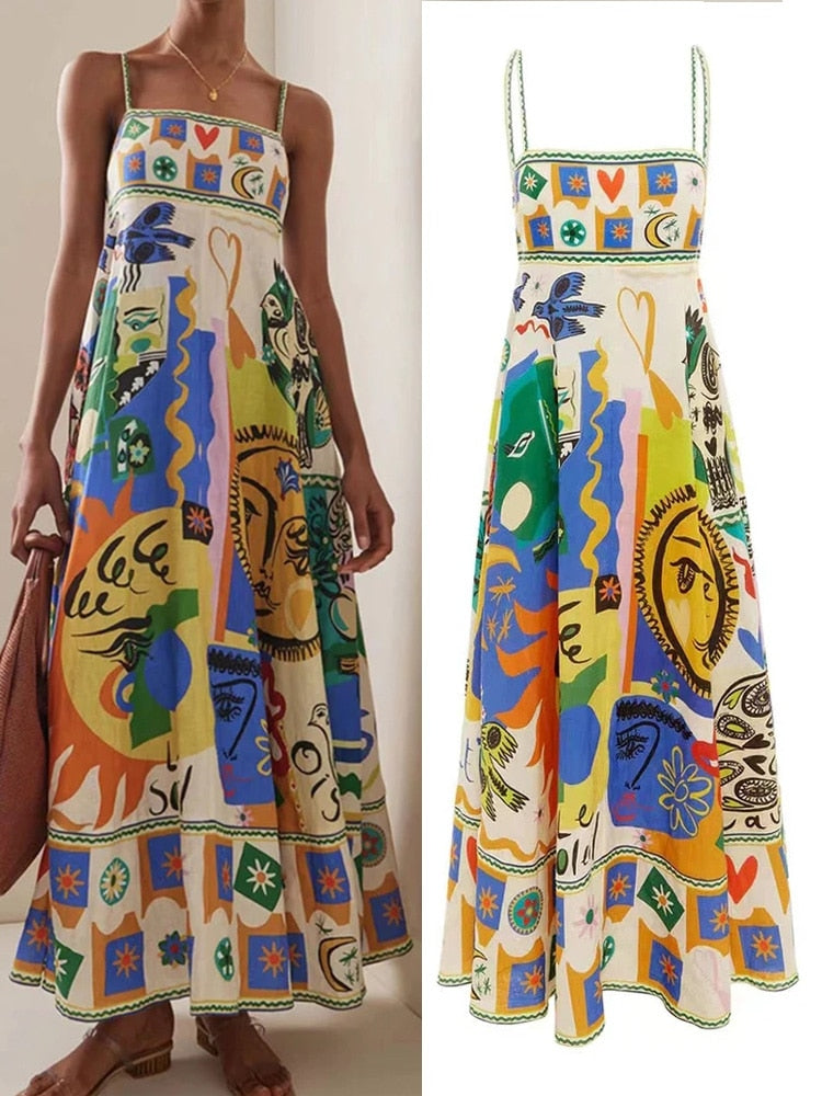 Colorful Print Spaghetti Straps Long Dress