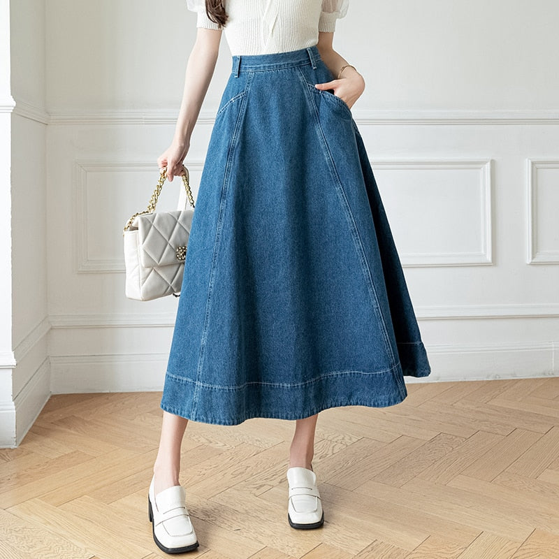 Long High Waist Denim A-Line Skirts