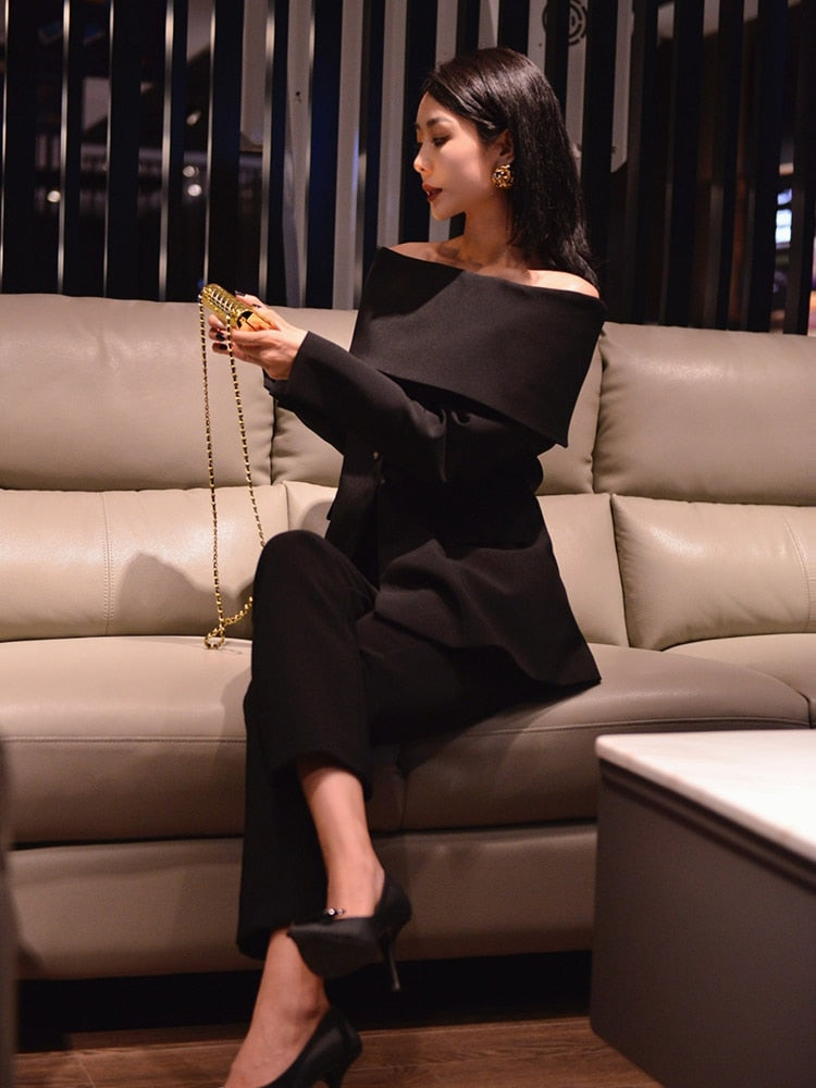 Slash Neck Off Shoulder Long Sleeve Blazer