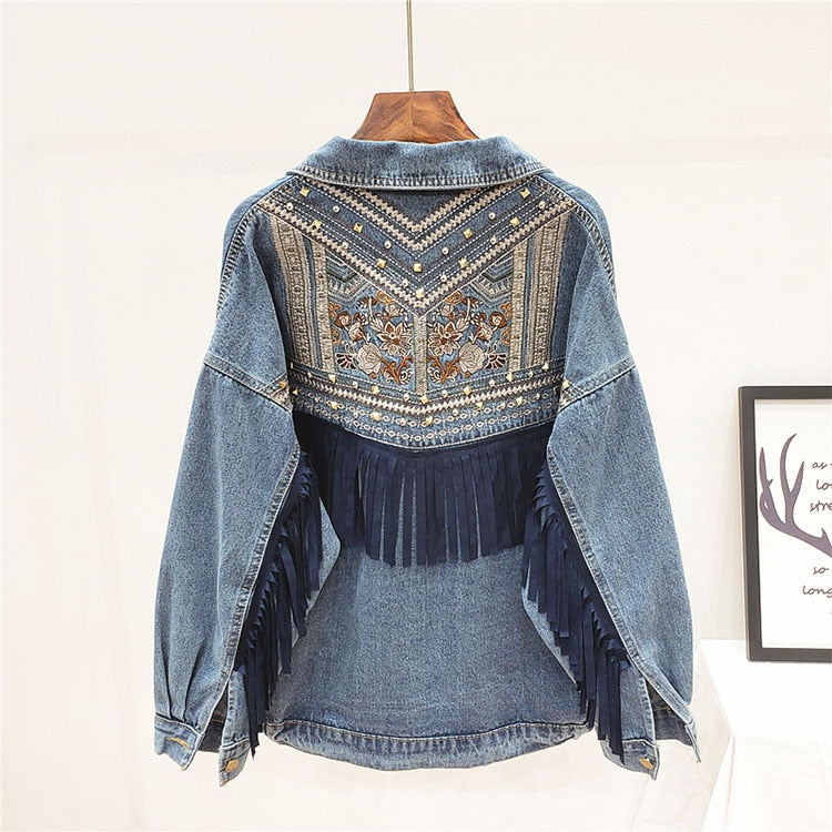 Denim Floral Embroidery Suede Fringe Jacket