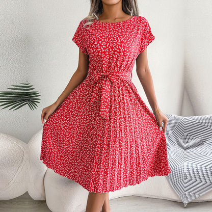 Summer Floral Pleated Short Sleeve High Waist Dress