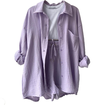 2 Piece Casual Cotton Turn-Down Collar Tops Suits with Shorts Gauze Cardigan