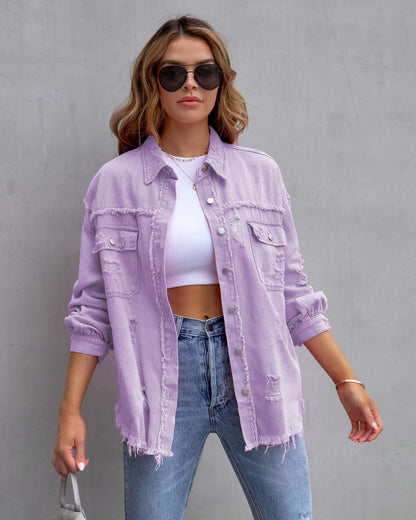 Pocket Hole Tassel Turndown Collar Denim Jacket