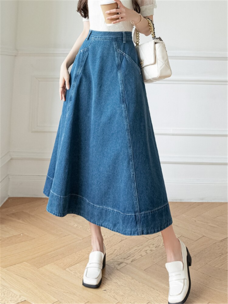 Long High Waist Denim A-Line Skirts