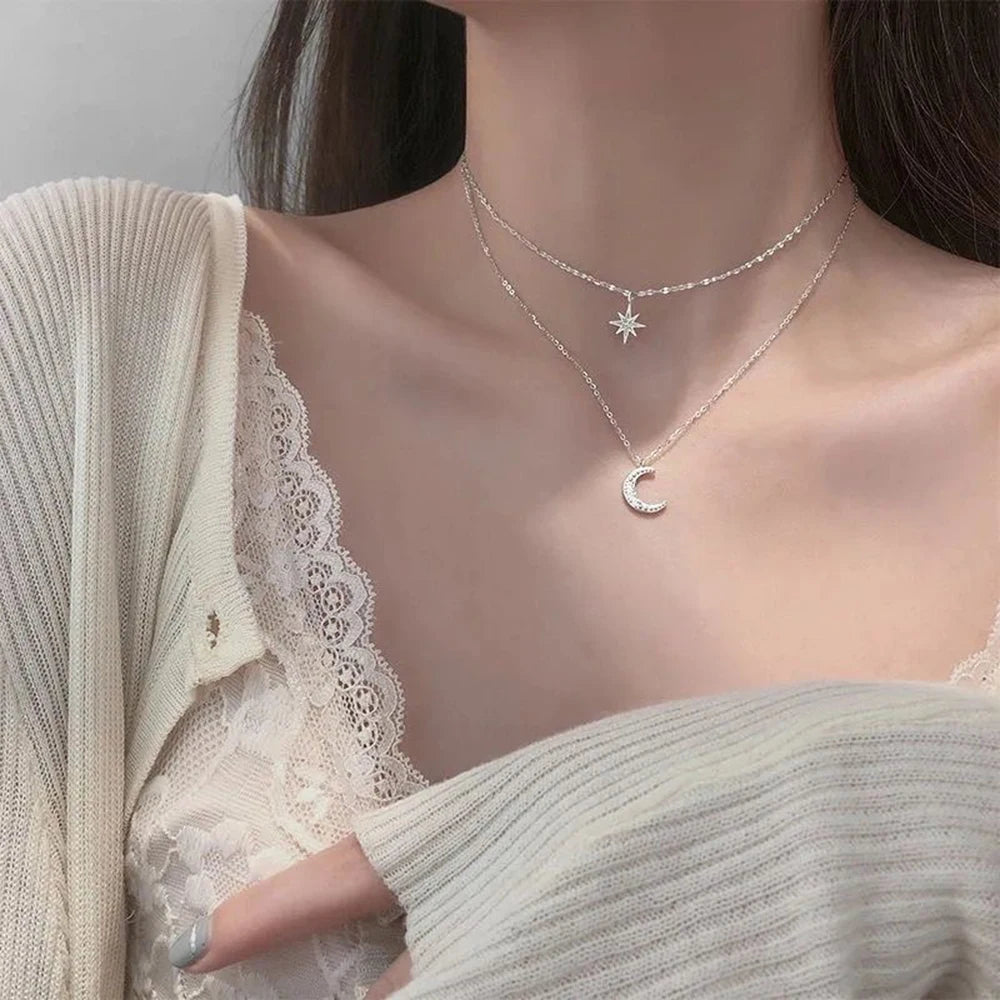 SUMENG 2023 Simple Double Layer Star Moon Charm  Multilayered Necklace Delicate Clavicle Chain Zircon For Women Fashion Jewelry