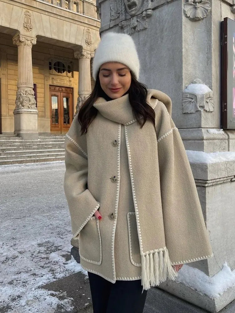 Faux Cashmere Splice Overcoat With Scarf Women Fleece Chic Long Sleeve Solid Plush Thick Coats 2023 Autumn Winter Warm Jackets