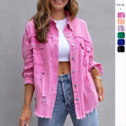 Pocket Hole Tassel Turndown Collar Denim Jacket