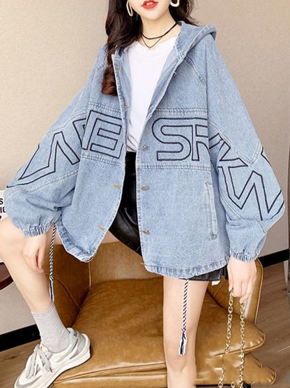 Female Loose Mid Length Hooded Denim Jacket