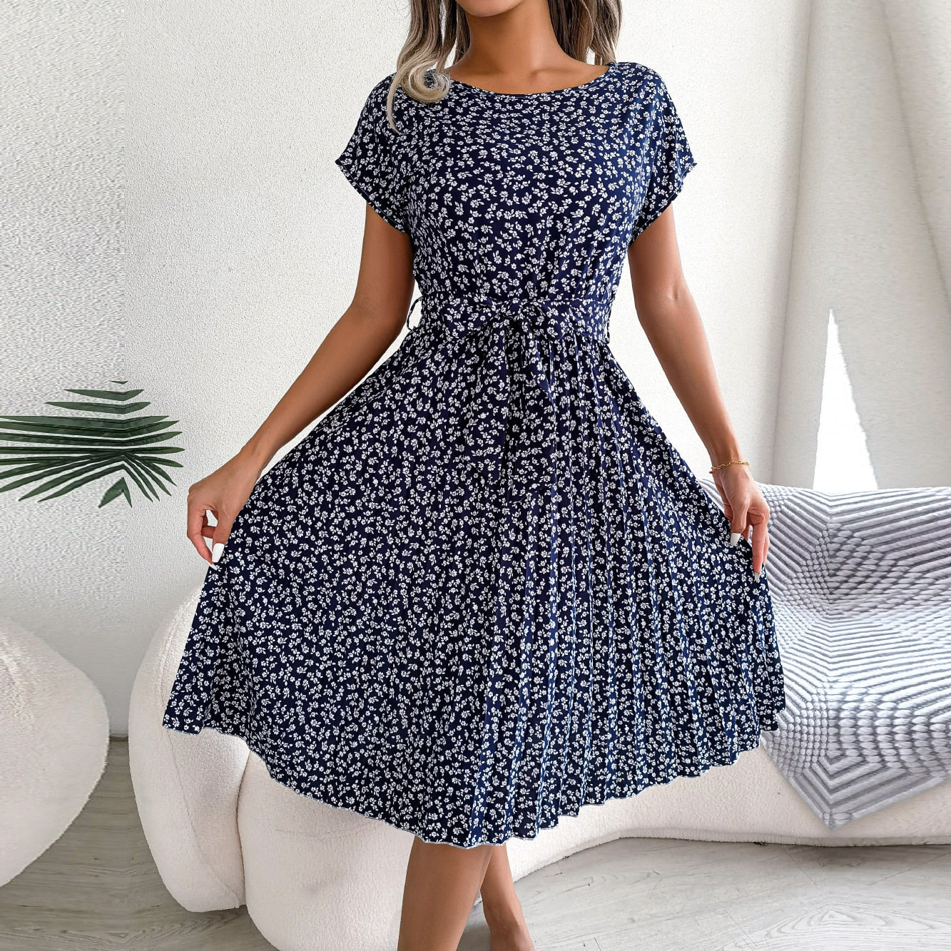 Summer Floral Pleated Short Sleeve High Waist Dress