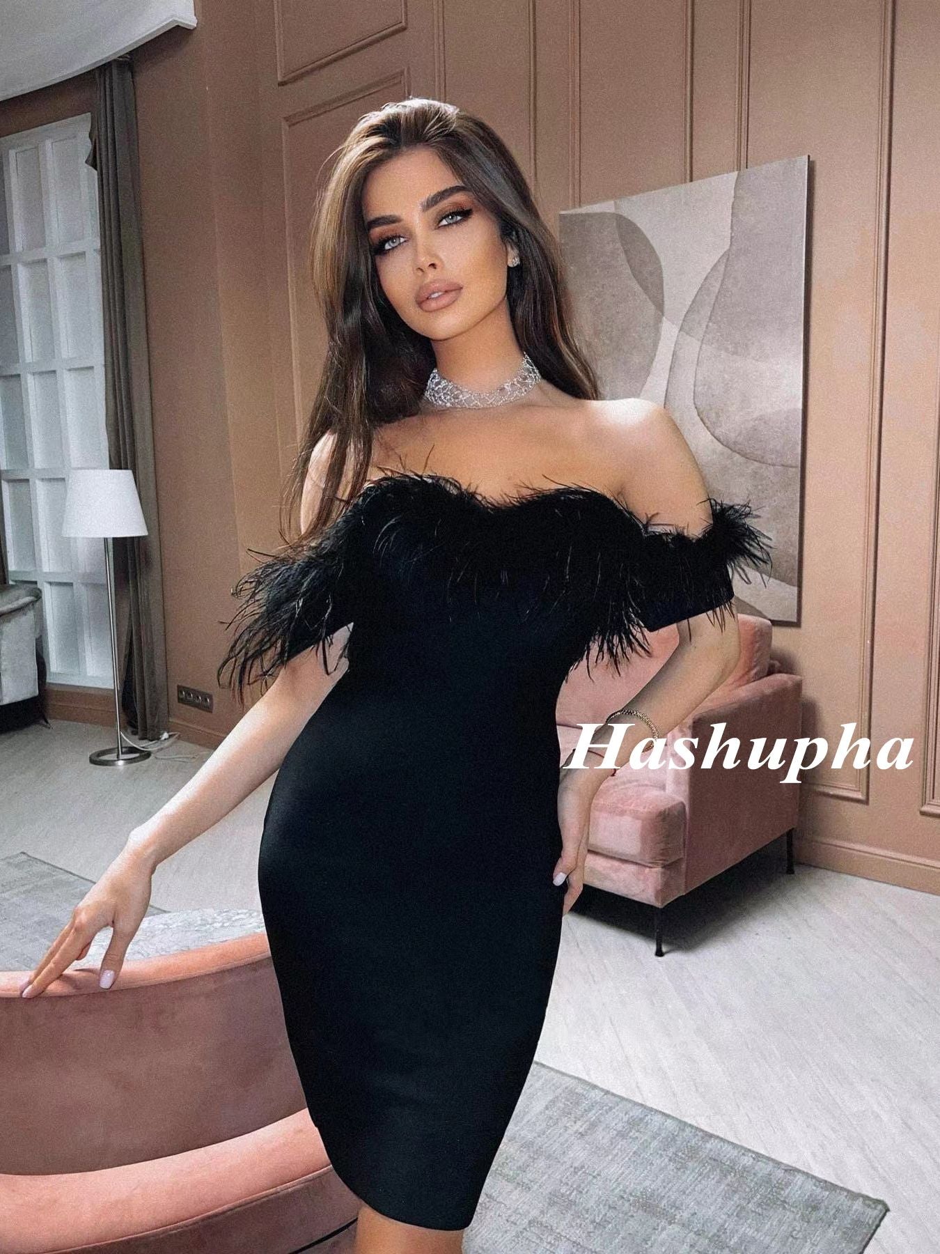 Off Shoulder Feather Midi Bandage Dress