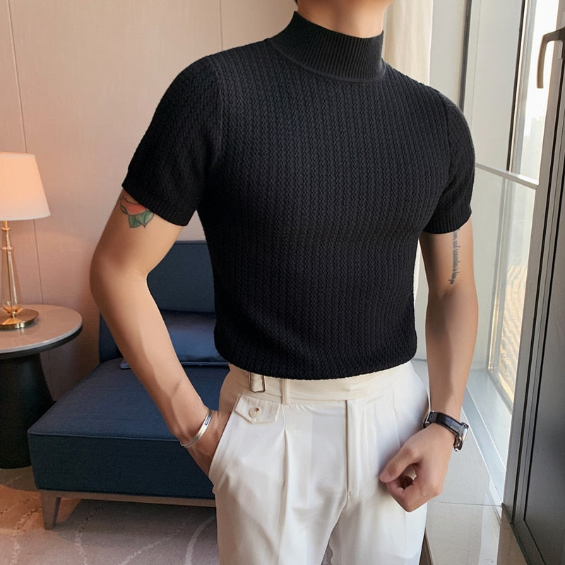 Men Short Sleeve Turtleneck Knitted Sweater