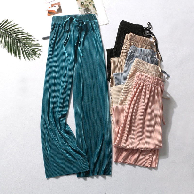 Pleated Loose Ice Silk Cropped Pants