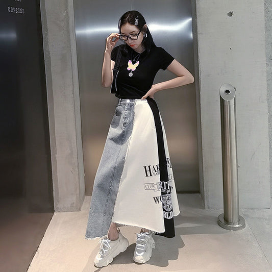 Loose Letter Printing High Waist Denim Skirt