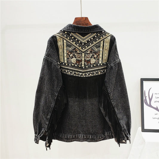 Denim Floral Embroidery Suede Fringe Jacket