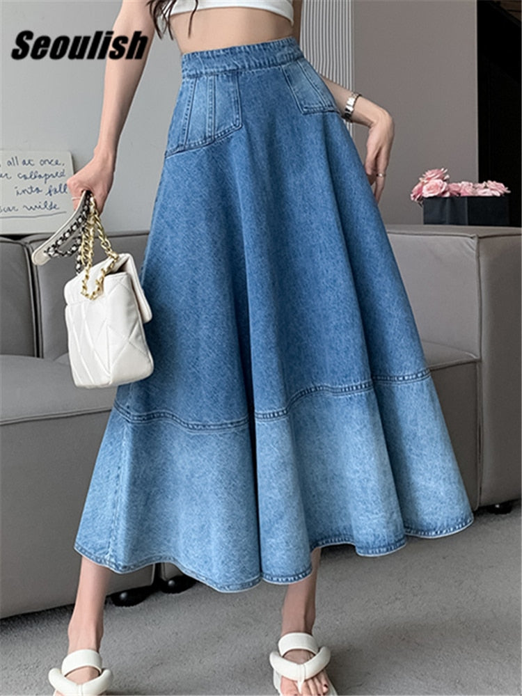 Long High Waist Gradient Denim Skirt