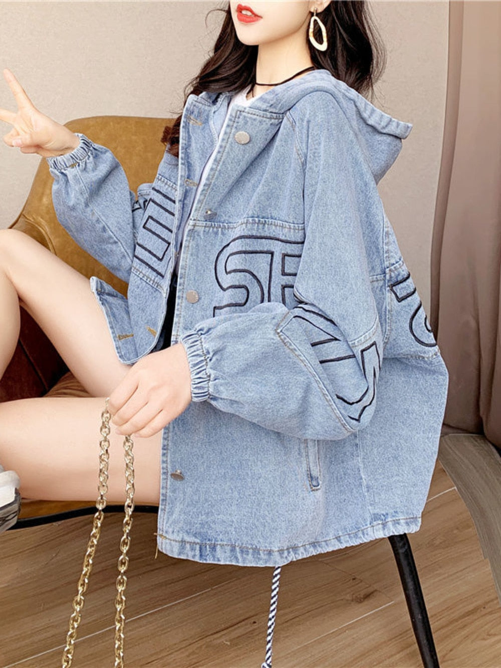 Female Loose Mid Length Hooded Denim Jacket