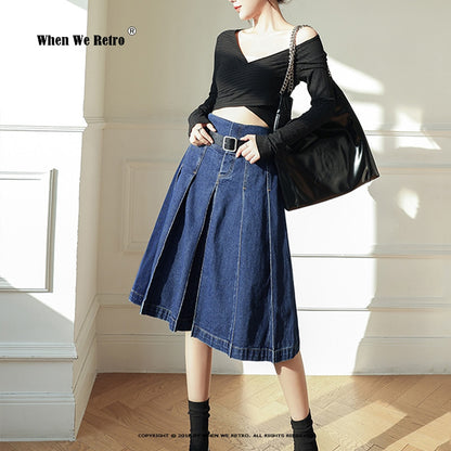 Vintage Knee-length Midi Long Pleated Denim Skirt