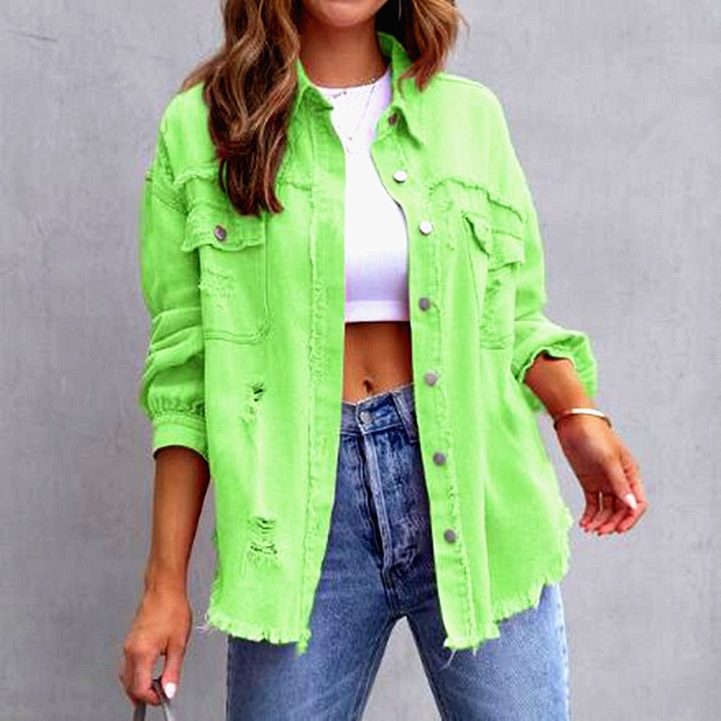 Pocket Hole Tassel Turndown Collar Denim Jacket