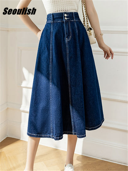 Long High Waist Classic Denim Skirt