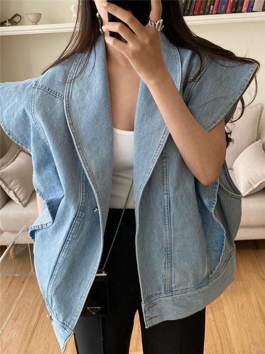 Sleeveless Waistcoat Pockets Oversized Denim Jeans Jacket