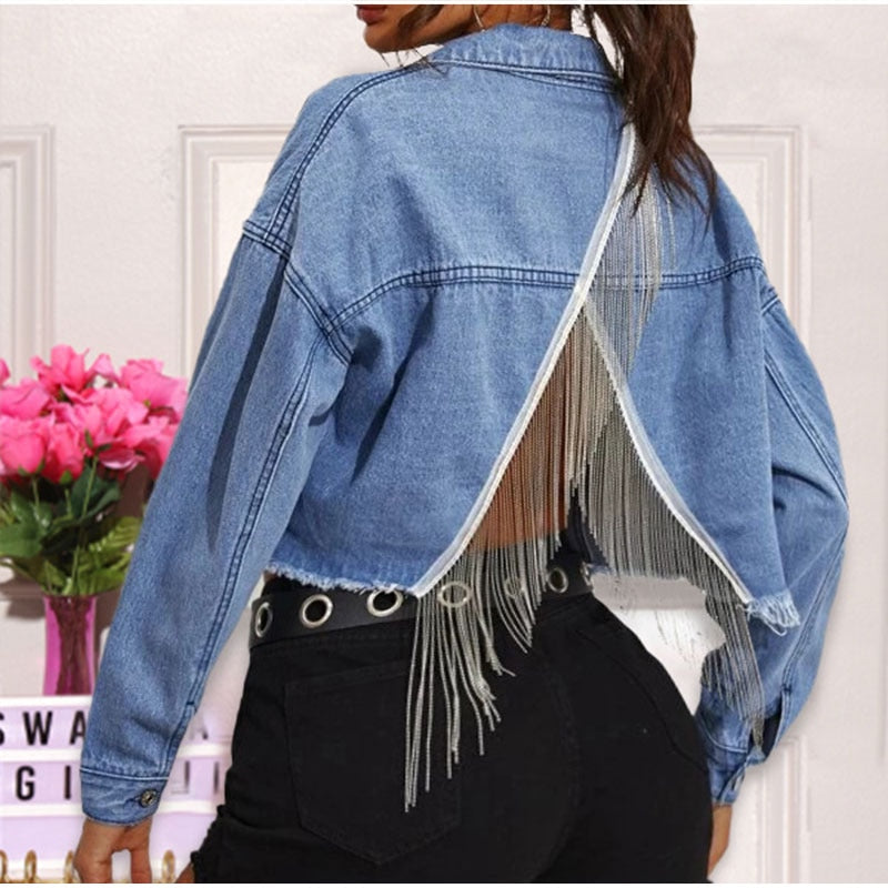 Fringe Beaded Frayed Trim Denim Jacket