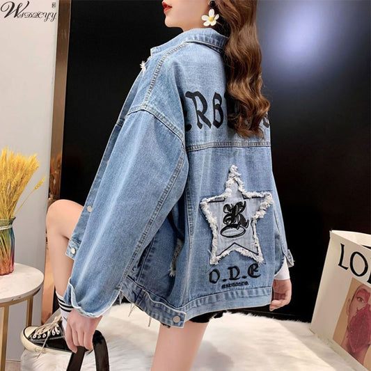 Print Cropped Oversized Casual Denim Jacket