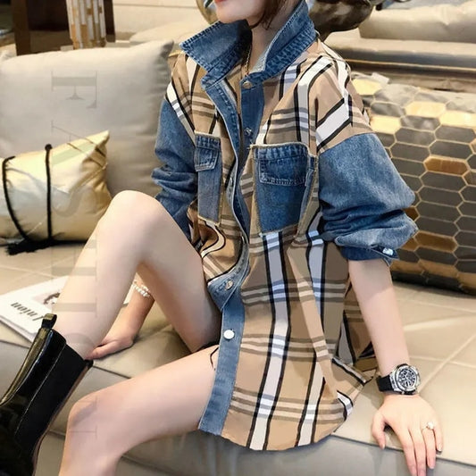 Denim Stitching Plaid Shirt