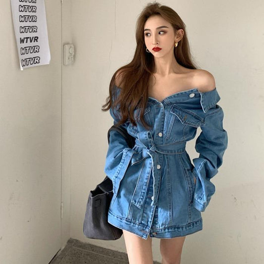 Off Shoulder Short Denim Coat