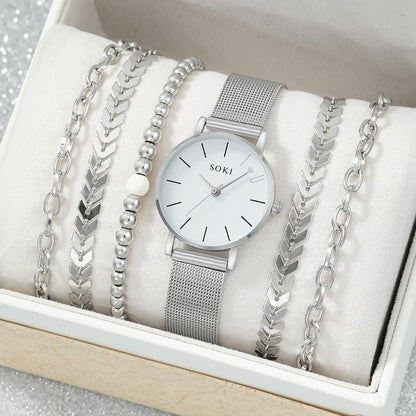 6pc Silver Watch With Bracelets Set