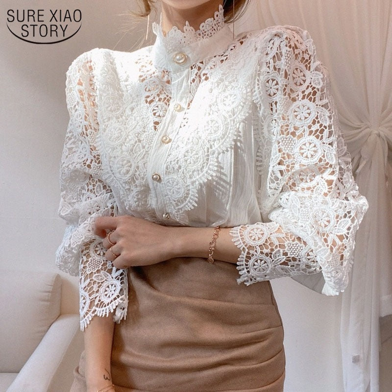 Lace Blouse Button Hollow Out Top