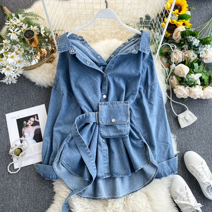 Retro Denim Dress with Pocket Belt